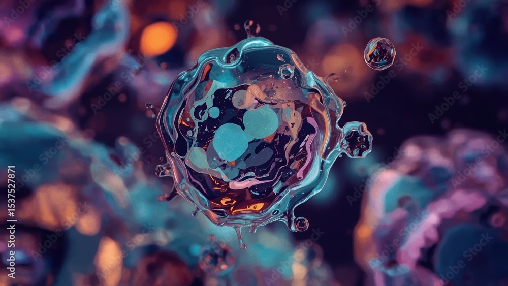 Aufkleber abstract visualization of a single cell structure with vibrant colors and glowing details in a dark 