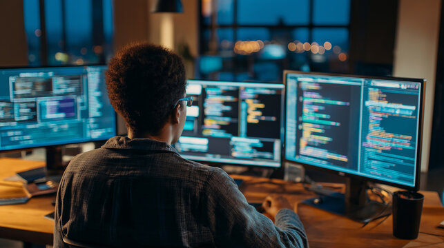 Rear view of a programmer working on multiple screens displaying code and data in a dark room.
 - Powered by Adobe