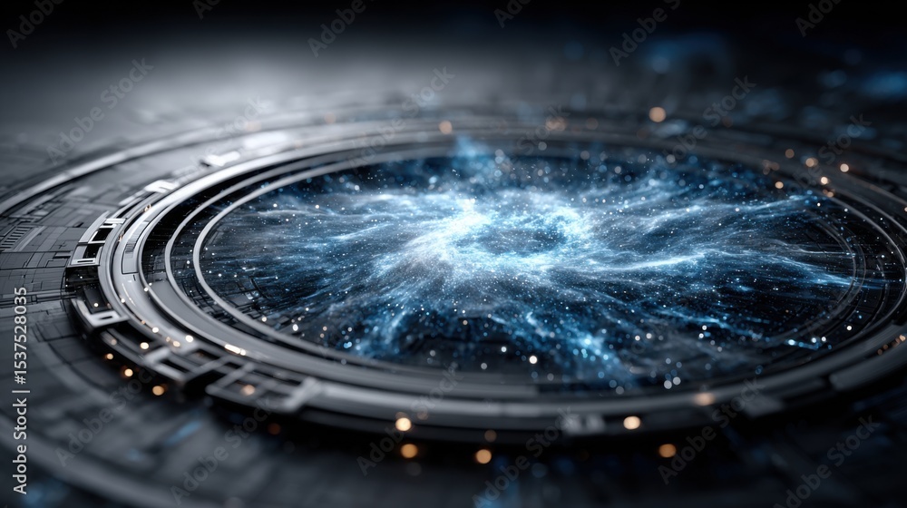 Poster a vibrant galaxy swirls with hues of blue and white in a high-tech setting, showcasing detailed patt