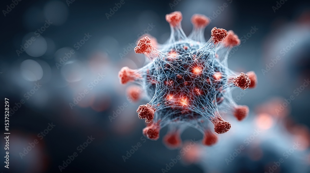 Poster this depiction highlights a virus, focusing on its complex structure with spikes and genetic materia
