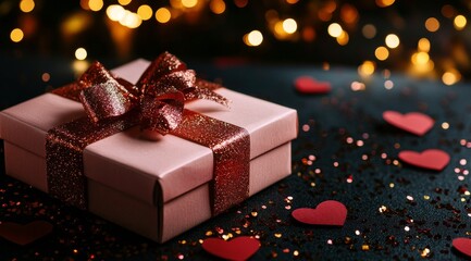 Gift Wrapped in Pink Paper With Red Sparkles and Ribbon on Wooden Table Surrounded by Festive Decorations.