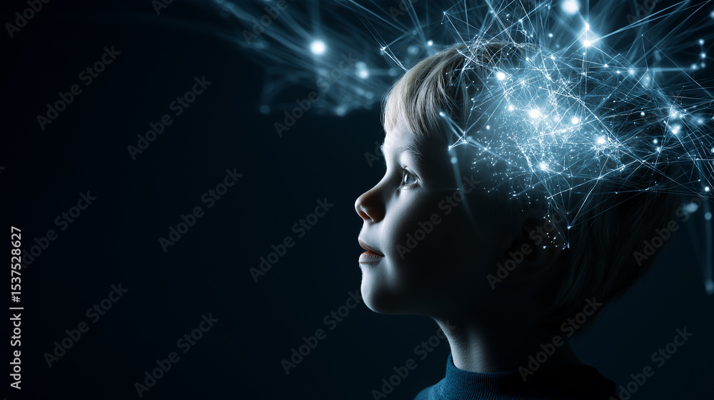Poster profile of a child with glowing brain neural network illustration symbolizing learning and intellige