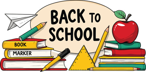 Colourful school supplies including pencils, crayons, and notebooks create a vibrant back-to-school background perfect for education