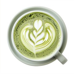 A delicate matcha latte with intricate swirls of green tea and frothy milk, isolated white background, hyper-realism art style