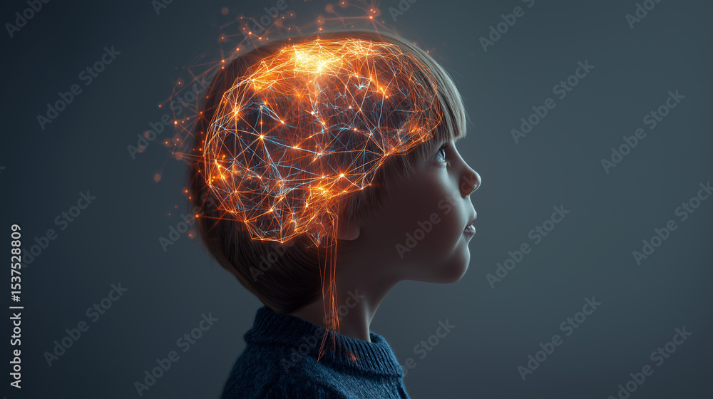 Poster profile of a child with glowing brain neural network illustration symbolizing learning and intellige
