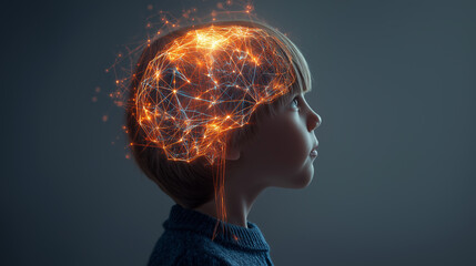 Profile of a child with glowing brain neural network illustration symbolizing learning and intelligence.
