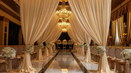 Elegant wedding venue decoration featuring luxurious draping and floral arrangements in a grand hall setting