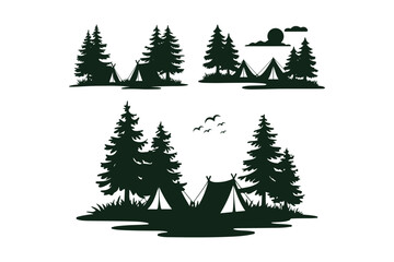Obraz premium Camping Tent and Pine Forest Silhouette Set Nature Adventure Vector Scene Collection