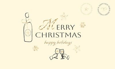 Merry Christmas set of elements with black hand drawn elements and golden on beige background