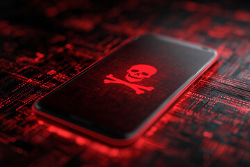 Smartphone with skull symbol displaying malware warning