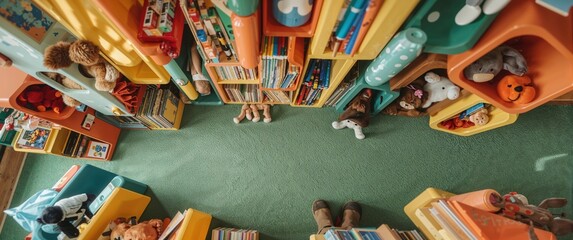 Colorful children's library with bookshelves, stuffed toys, and a green carpet creating a cozy reading space