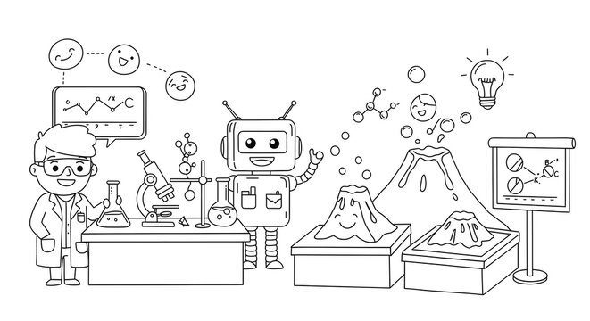 A young cartoon scientist and a friendly robot conduct a fun volcano experiment in a futuristic science laboratory