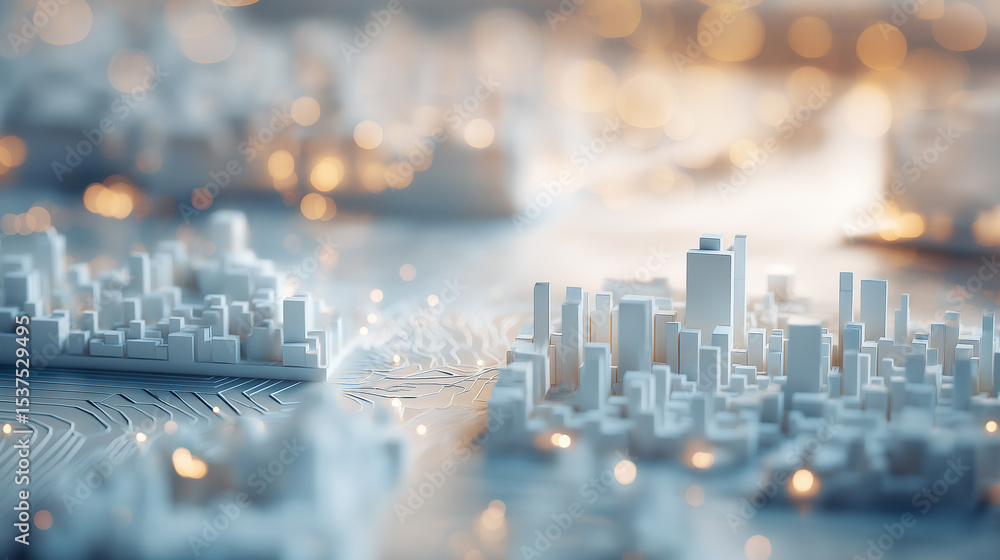 Poster futuristic abstract 3d city model with glowing data lines representing smart infrastructure.