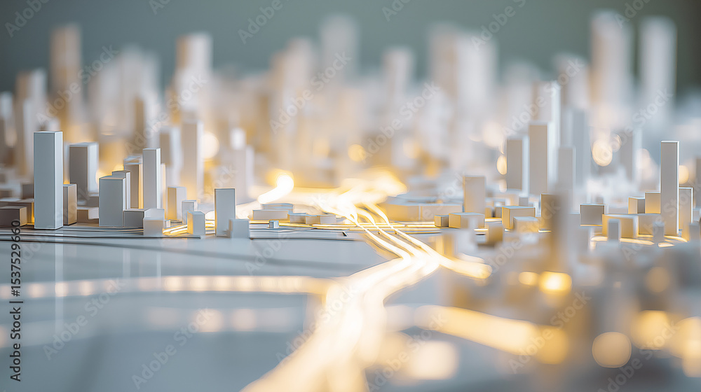 Poster futuristic abstract 3d city model with glowing data lines representing smart infrastructure.