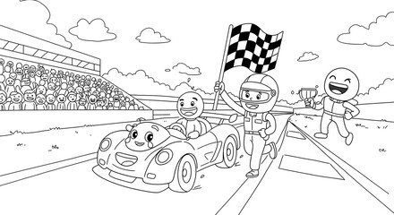 Cartoon race car driver celebrating victory at the finish line with a checkered flag. Kids coloring page illustration.