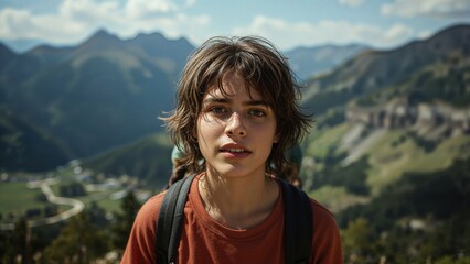 Naklejka premium Young traveler with backpack exploring scenic mountain landscape on a sunny day