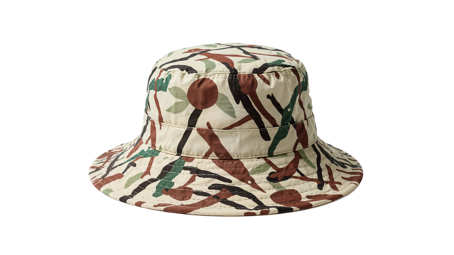 Stylish Camouflage Bucket Hat with Abstract Pattern for Casual Outdoor Fashion, isolated on transparent background png