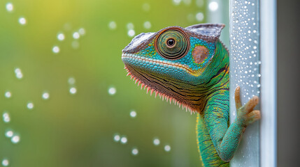 Colorful chameleon perched on rainy window with green background