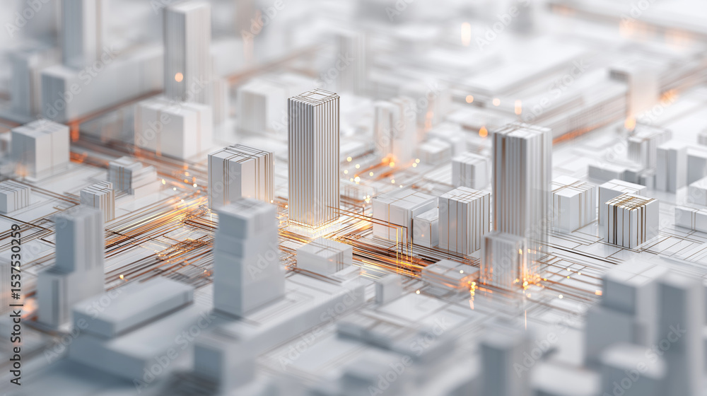 Poster futuristic abstract 3d city model with glowing data lines representing smart infrastructure.