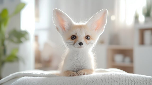 Adorable fennec fox pup relaxing indoors with large ears and soft fur