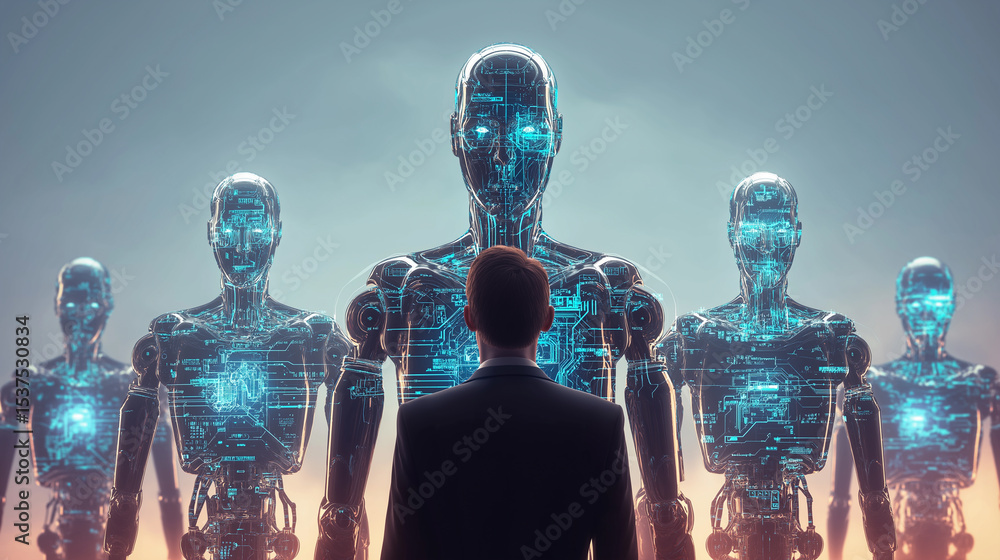 Poster man in a suit facing a line of dark, glowing-eyed humanoid robots in a sci-fi setting.