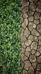 Contrast between lush green plants and cracked dry soil symbolizing environmental change