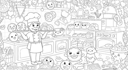 Fototapeta premium Cartoon chef presents a platter of smiling dough characters in a bustling bakery. A detailed black and white coloring page illustration.
