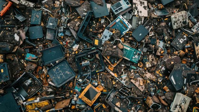 Exploring a vast electronic waste dump in a city, observing the environmental impact and efforts needed for recycling old technology and reducing pollution