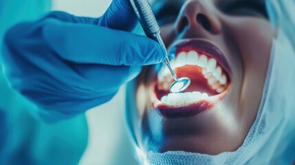 A dental hygienist cleaning a patient's teeth in a modern dental clinic against a sterile white background, macro shot, Minimalist style