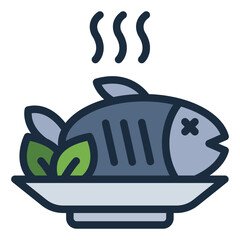 smoke fish filled line icon served as cooked seafood meal