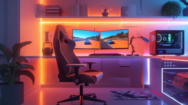 Modern gaming setup with ambient lighting and multiple screens in a stylish room