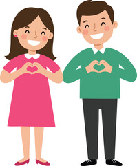 Obraz premium Smiling man and woman making heart shape with hands friendly couple illustration in casual clothes 
