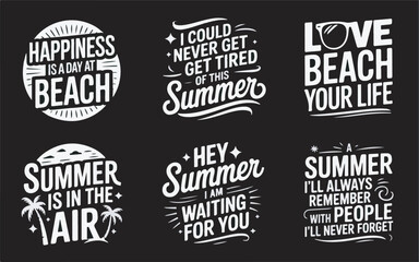 Obraz premium Six White Summer Quotes on Black Background typography