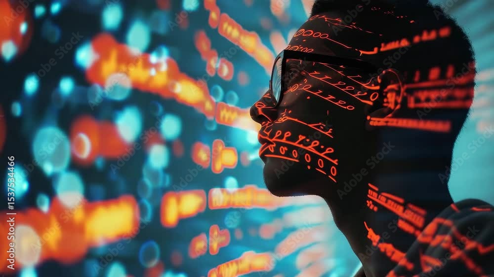 Poster exploring digital art and technology through vibrant colors and coding visuals in a creative workspa