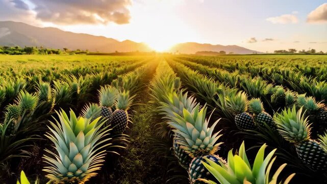 Pineapple plantation at sunrise, rows of tropical fruits in a field with mountains and sky during a golden hour.