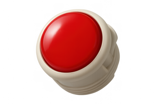 Glossy red button hovering against transparent surface, signaling potential activation - Powered by Adobe