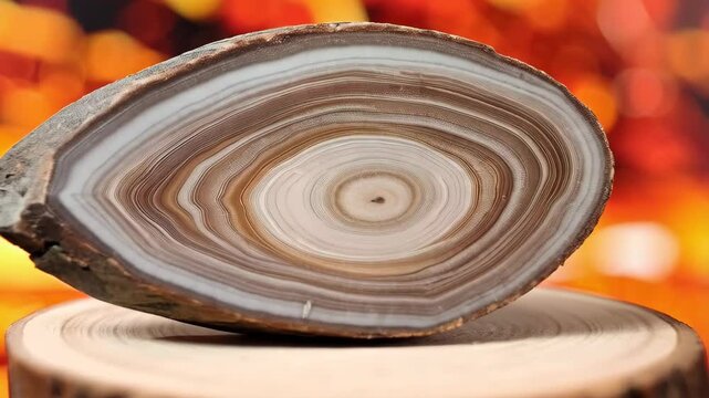 Polished agate slice with concentric rings, displayed on a wooden stand against an orange bokeh background for gemology study