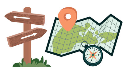 Tourist set of wooden sign with arrows, map and compass. Cartoon objects isolated on white background. Green, beige, blue colors. Travel, adventure concept. Vector design for  banner, poster, card.