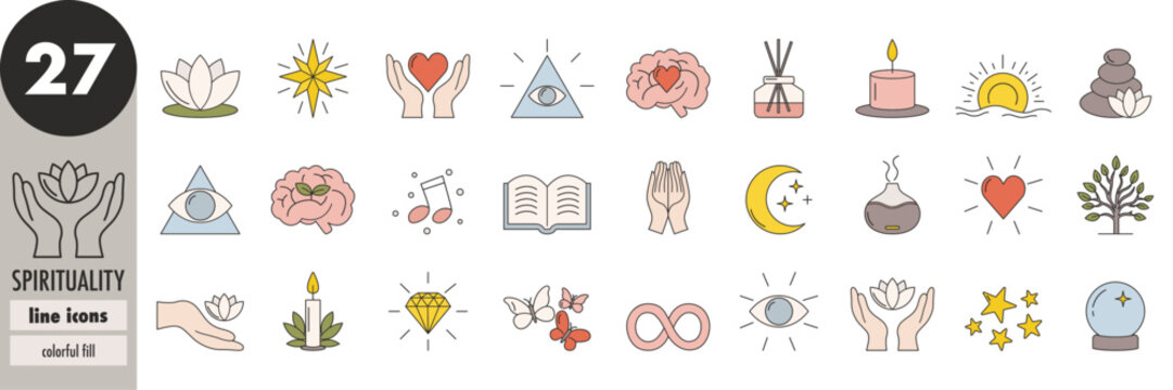Spirituality, mindfulness - thin line icons set, colorful fill. Meditation, self-care, inner growth, self-development, purity, enlightenment, wholeness, energy, intuition, prayer, vector illustration