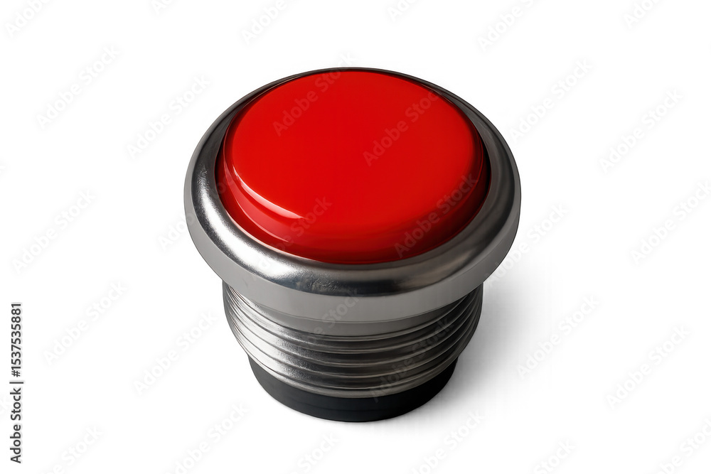Poster shiny red button glimmering on a transparent background, poised for pressing and ready to activate a