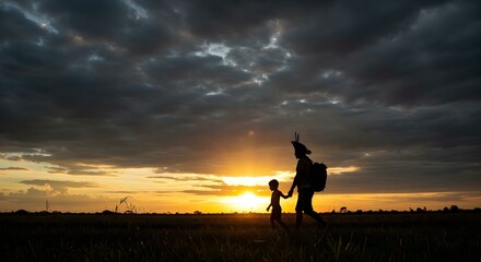 Pai e filho ind&iacute;genas caminhando de m&atilde;os dadas no campo ao p&ocirc;r do sol
