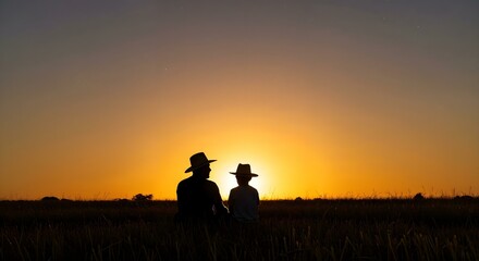Pai e filho no campo ao p&ocirc;r do sol &ndash; fam&iacute;lia rural brasileira no agroneg&oacute;cio
