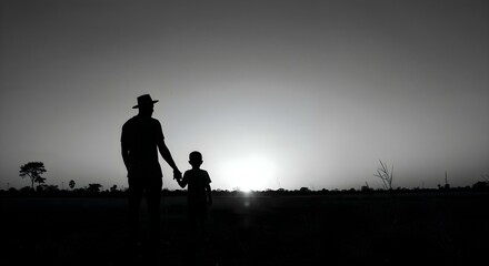 Pai e filho no campo ao p&ocirc;r do sol &ndash; fam&iacute;lia rural brasileira no agroneg&oacute;cio