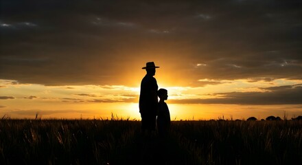 Pai e filho no campo ao p&ocirc;r do sol &ndash; fam&iacute;lia rural brasileira no agroneg&oacute;cio