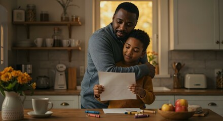 Pai segurando cart&atilde;o artesanal do Dia dos Pais feito pelo filho enquanto o abra&ccedil;a na cozinha &ndash; cart&atilde;o em branco para personaliza&ccedil;&atilde;o