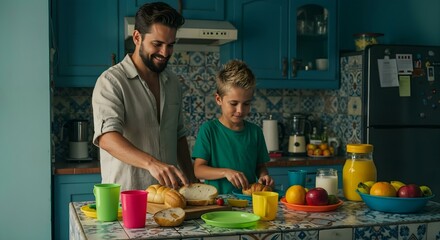 Pai e filho tomando caf&eacute; juntos na cozinha &ndash; momento de carinho e rotina familiar