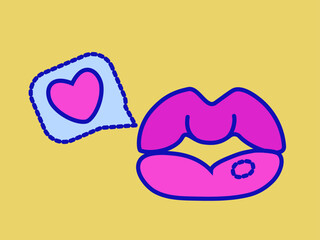 Lips with speech bubble pop art design, talking mouth with heart. Doodle groovy vector hand drawn illustration. Valentine day.