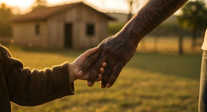 M&atilde;o de adulto segurando a m&atilde;o de uma crian&ccedil;a com fundo de casa no campo &ndash; gesto de prote&ccedil;&atilde;o e afeto em ambiente rural