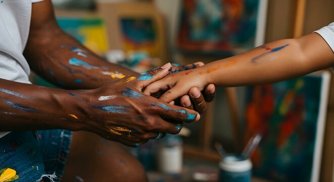 M&atilde;os pintadas de um adulto segurando m&atilde;o pintada de uma crian&ccedil;a &ndash; express&atilde;o de arte, afeto e conex&atilde;o