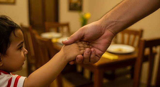 M&atilde;o de adulto segurando a m&atilde;o de uma crian&ccedil;a com fundo de sala de jantar &ndash; gesto de afeto e conex&atilde;o familiar